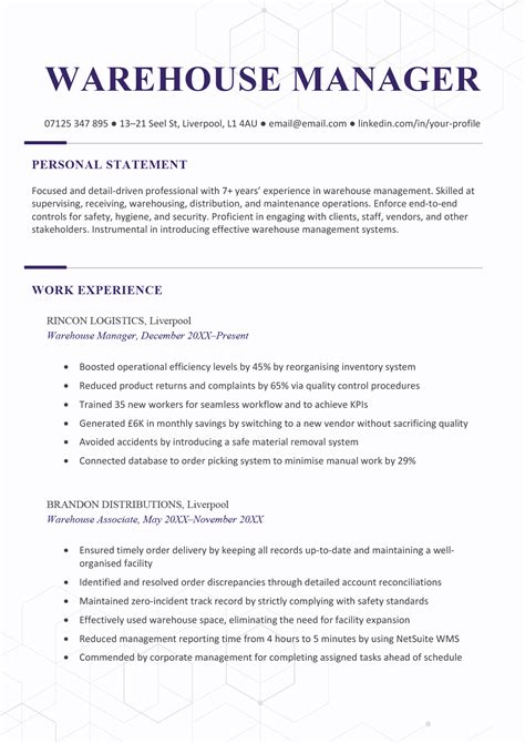 warehouse manager resume summary.